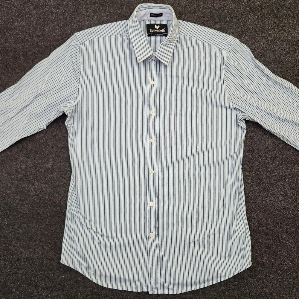 Buttercloth Mens Large Blue White Striped Icy Cotton Regular Fit Button Up Shirt